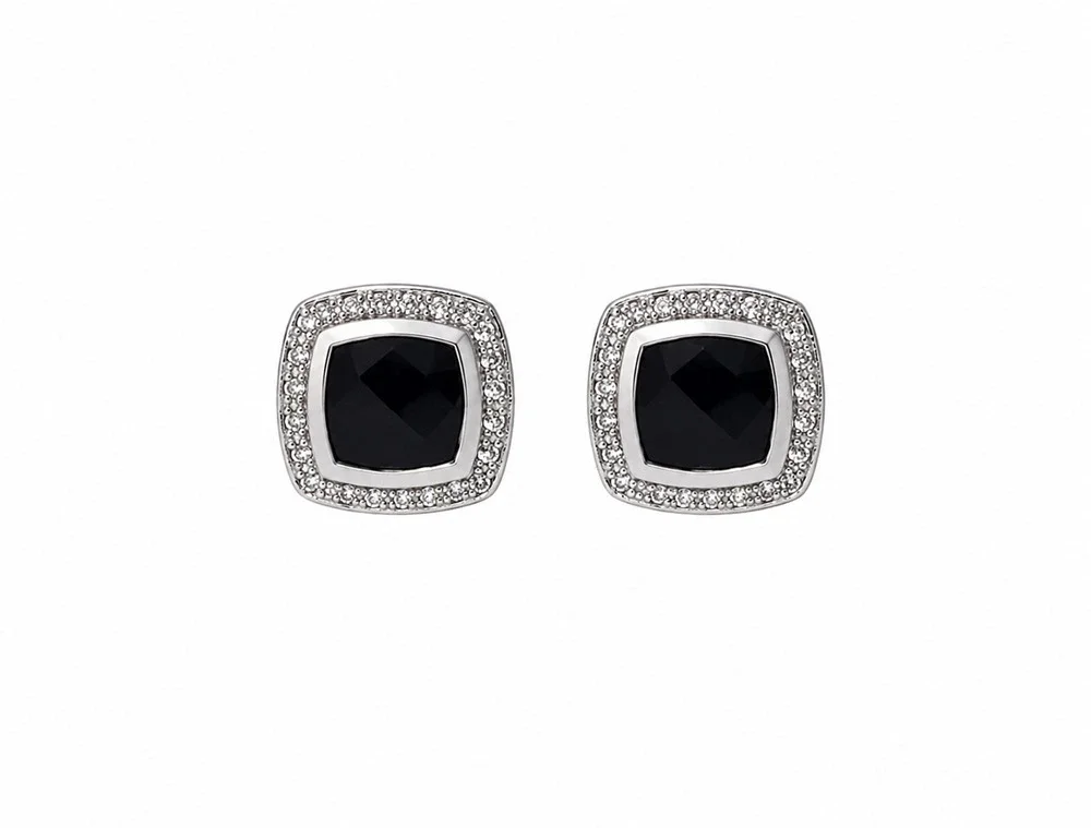 David Yurman Albion 7mm Black Onyx Diamond Stud Earrings Sterling Silver